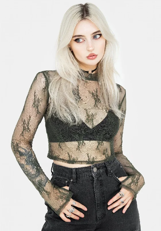Eternal Lace Long Sleeve Crop Top - Green Disco