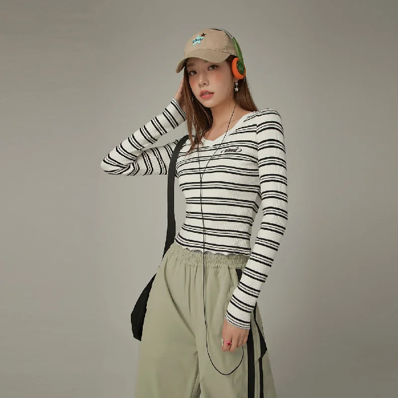 V-Neck Striped T-Shirt Practical Women's Quick - dry