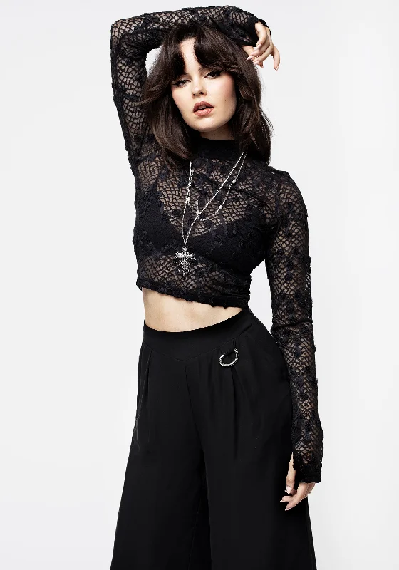 Baroque Long Sleeve Lace Crop Top Artistic Women's Hand - painted