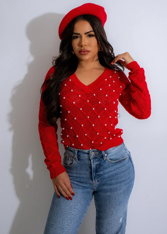 Moonlight Pearl Knit Sweater Red Traditional Women's Wool