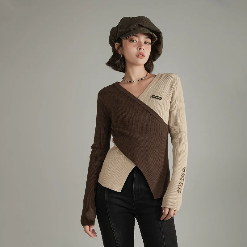 V-Neck Color Combination Wrap Knit Top Athletic Women's 