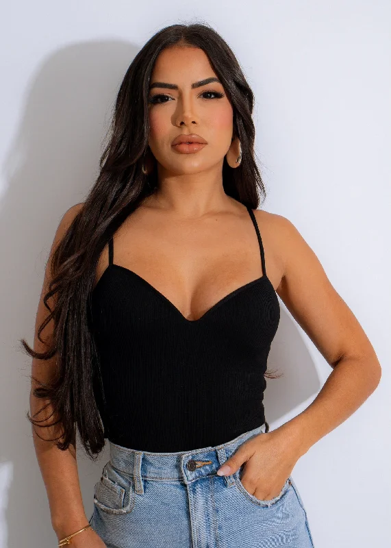 New Wave Ribbed Bodysuit Black Edgy Women's Punk