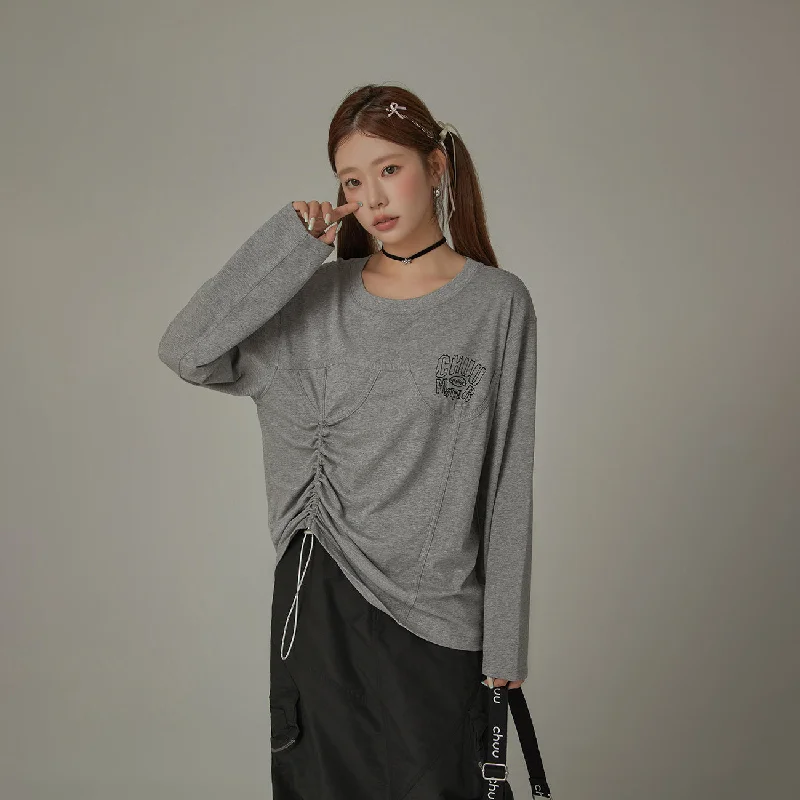 Drawstring Loosefit Long Sleeve T-Shirt Preppy Women's College