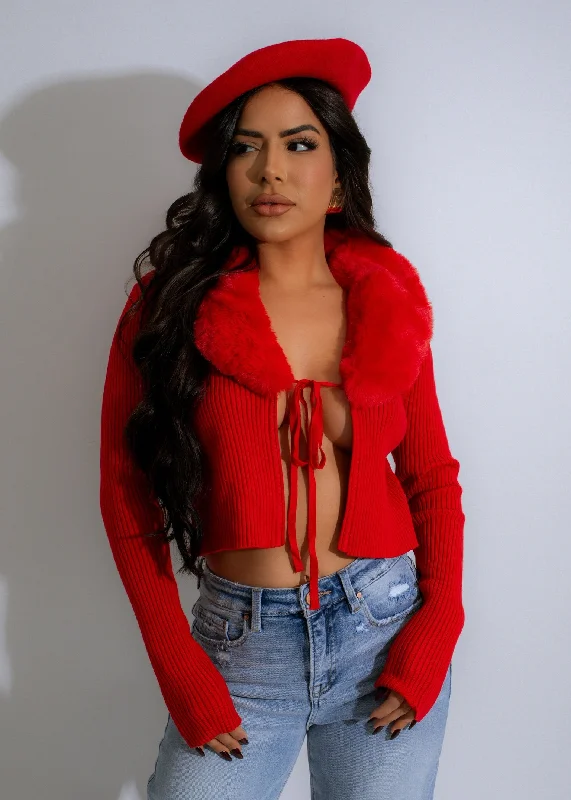 Luxe Cozy Collar Ribbed Sweater Red Geometric