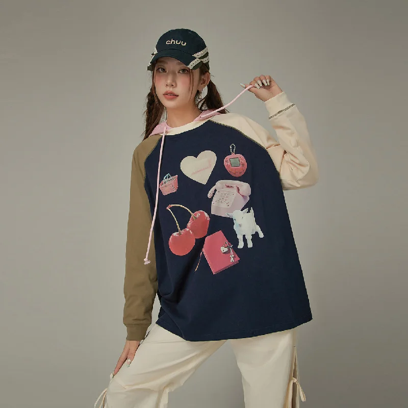 Cute Item Printed Color Raglan T-Shirt Hip Women's Retro