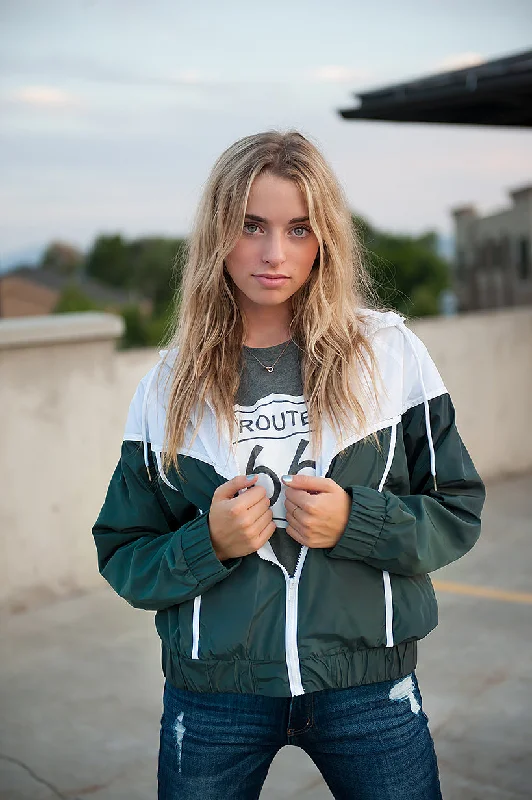 DT Green & White drawstring windbreaker jacket Edgy Women's Punk