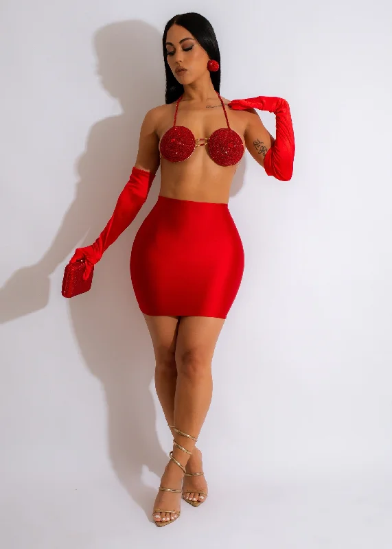 Glam World Rhinestones Crop Top Red Dynamic Women's High - energy