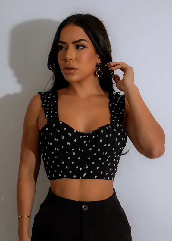 Polka Dot Charm Crop Top Black Youthful Women's Anime - inspired