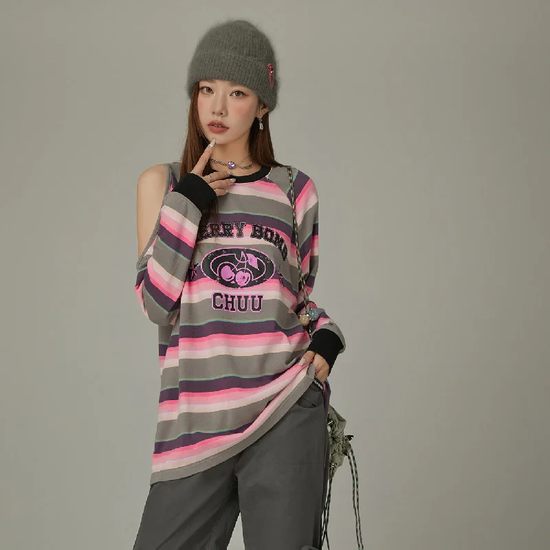 Logo One Shoulder Stripe Cherry T-Shirt Vintage Women's 1970S 
