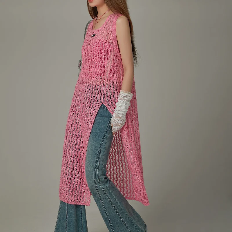 Slit Knit Long Top Elegant Women's Formal 