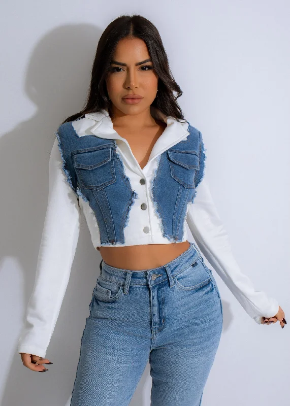 Edge Fusion Distressed  Denim Jacket White Bold Women's Animal Print
