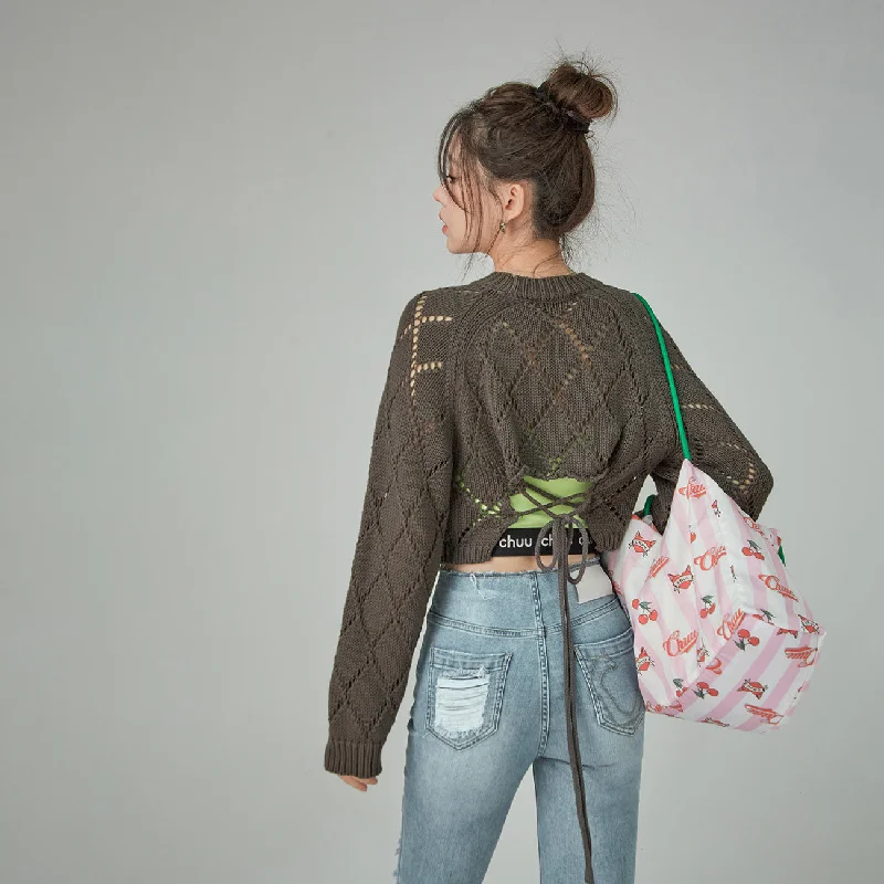 Cherry Eyelet Knit Crop Top Monochromatic Office Style