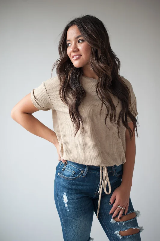 DT Drawstring Waist Textured Tee in Sand Sophisticated Women's 