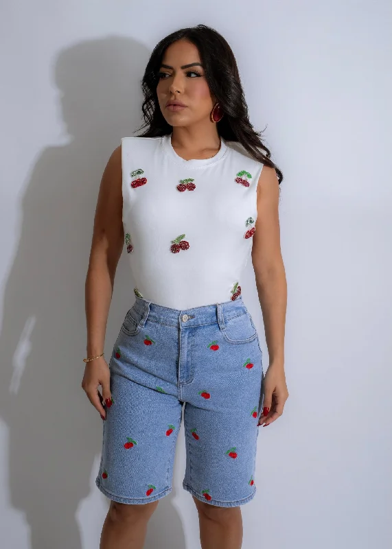 Berry Sweet Cherry Rhinestone Crop Top White Cozy Women's Winter