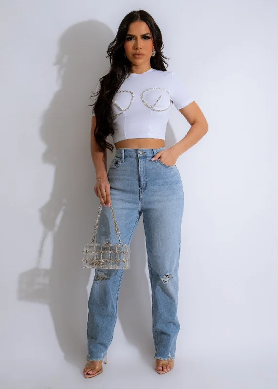 Unforgettable Rhinestones Crop Top White Sporty Women's Athleisure 