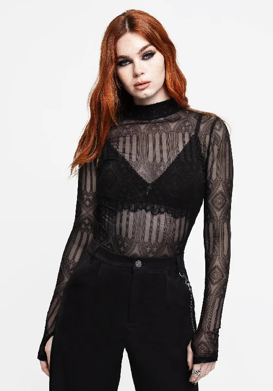 Cloister Flocked Mesh High Neck Long Sleeve Top Classic Women's Tweed