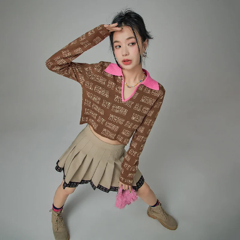 Too Sweet Chuu Lettering Open Collar Knit Top Gym