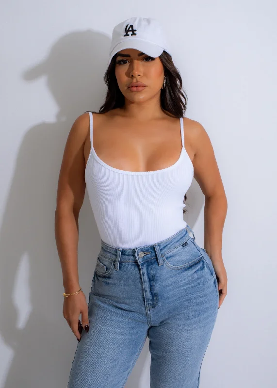Caught In The Drama Ribbed Bodysuit White Artistic Women's Hand - painted
