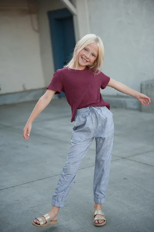 Girls Ribbed Tie Bottom Tee - Pink and Burgundy Casual Women's Japanese 