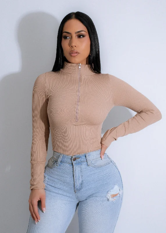 Contour Zip Ribbed Bodysuit Nude Unique Women's Upcycled
