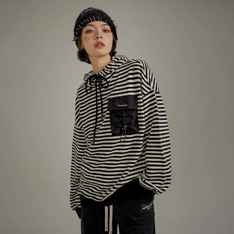 Striped Pocket Drawstring Hoodie Minimalist Women's Casual