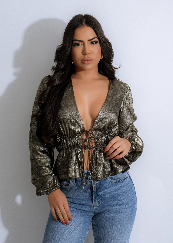 Luxe Glimmer Metallic Crop Top Gold Elegant Women's 