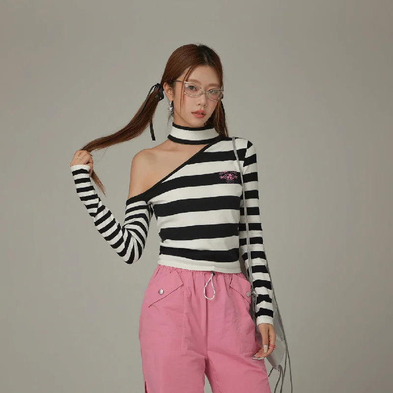 One Shoulder Choker Stripe Knit Top Youthful Women's Pop