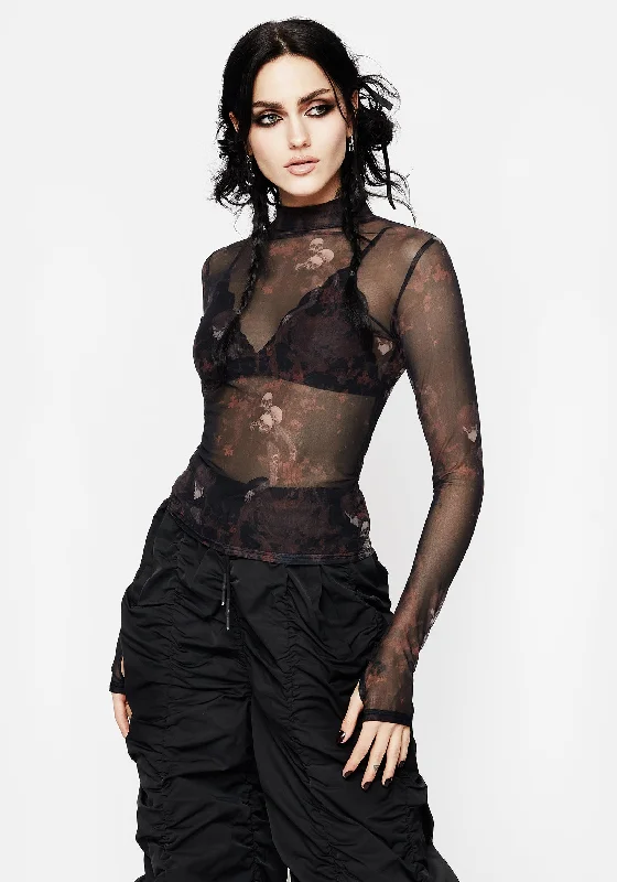 Underworld Printed Mesh High Neck Top Practical Women's Multi - 