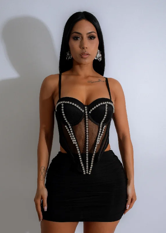 Lustrous Frame Mesh Rhinestone Corset Black Stylish Women's Neon