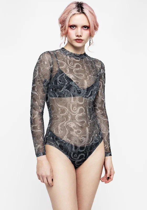 Serpente Print Mesh Long Sleeve Bodysuit Stylish Women's Neon