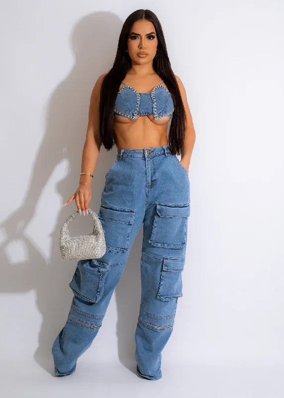 Armored Heart Rhinestones Denim  Crop Top Elegant Women's 