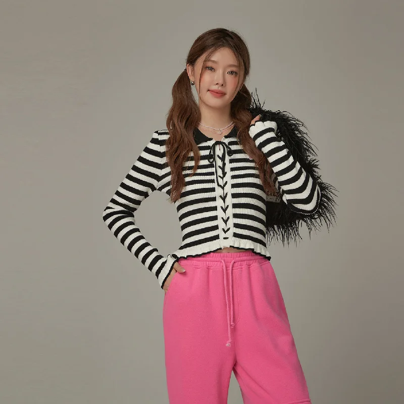 Eyelet Tie Up Stripe Knit Top Confident Women's Power