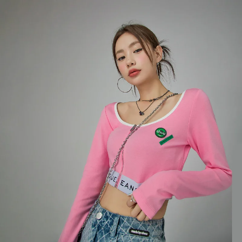 '-5Kg Jeans Zip-Up Crop Top Geometric