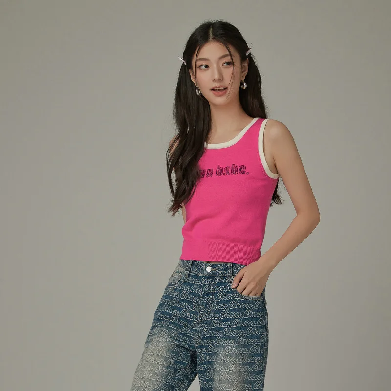 Logo Lettering Color Knit Sleeveless Top Casual Women's Japanese 