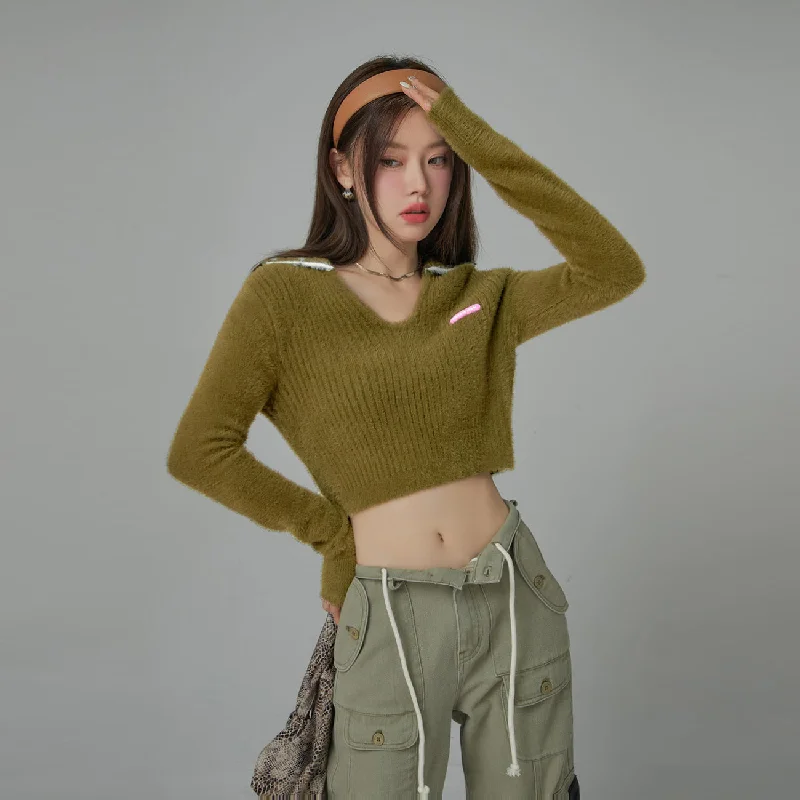 Your Sweetheart Open Collar Cropped Knit Top Preppy Women's College