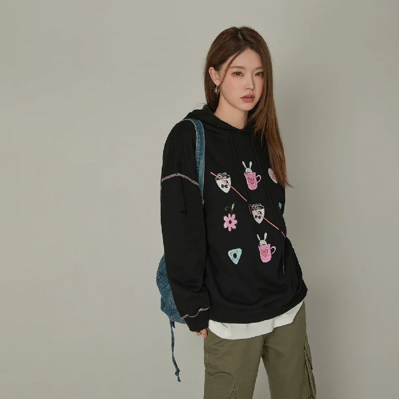 Printed Icons Stitched Hoodie Elegant Women's 