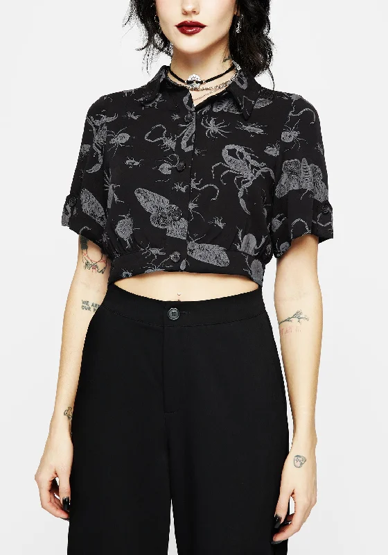 Parasite Bugs Short Sleeve Crop Shirt - Black Practical Women's Quick - dry