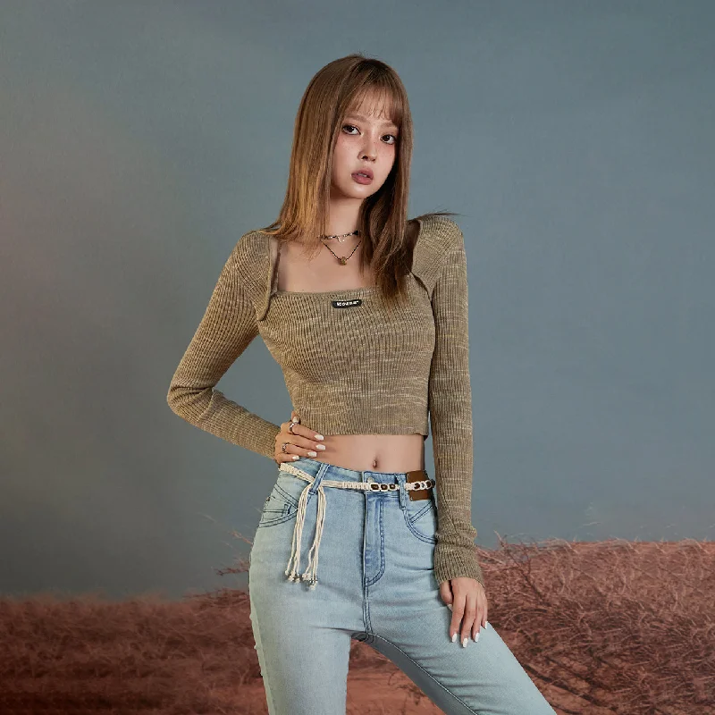 Square Neck Wrap Knit Long Sleeve Top Athletic Women's High - 