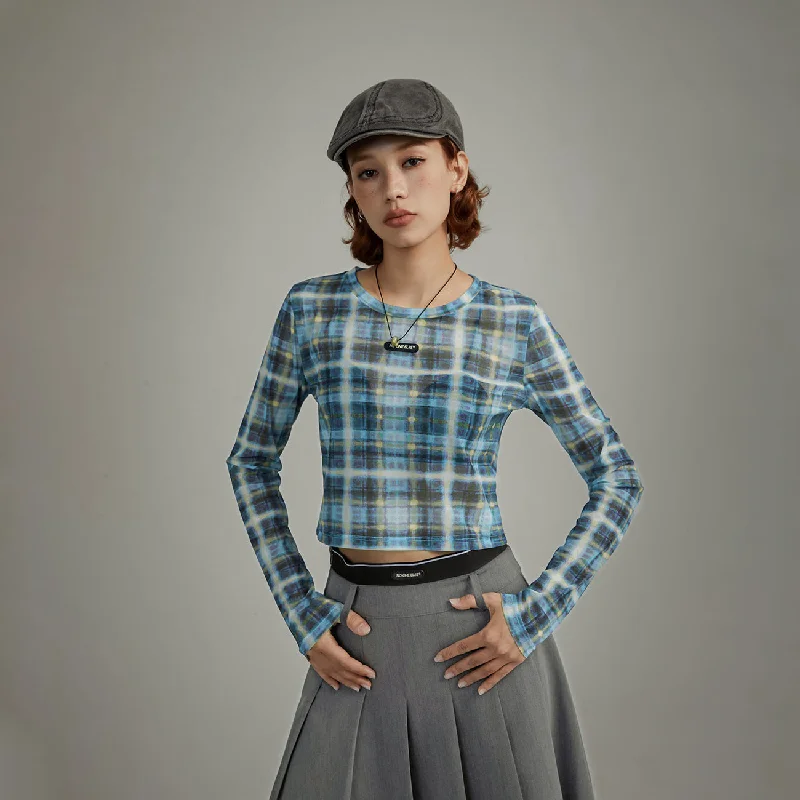 Color Check Slim Long Sleeve T-Shirt Dapper Women's 1920S