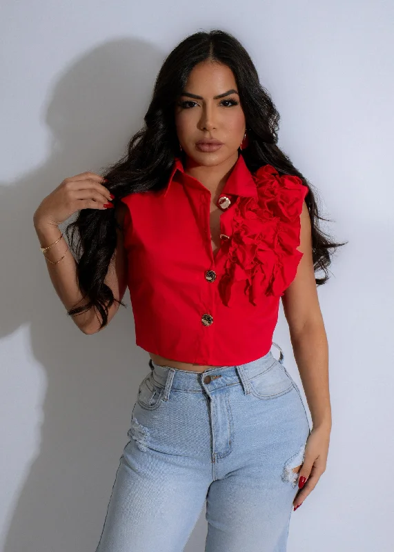 Rouge Reverie Ruffle Top Red Trendy Women's Oversized