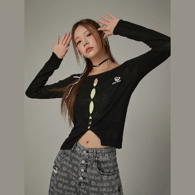 Embroidery Cutout Semi Crop Knit Top Casual Women's Loose - fitting