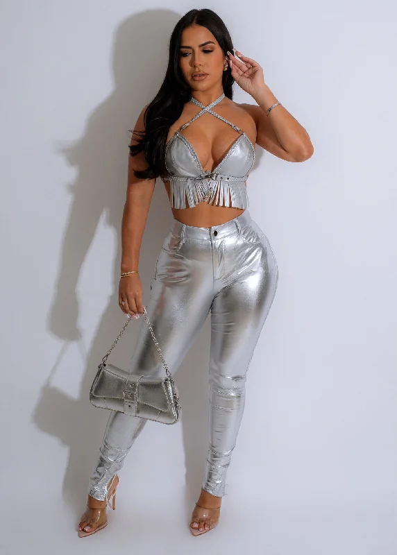 Hard As A Rock Faux Leather Crop Top Silver Monochromatic All - in - one