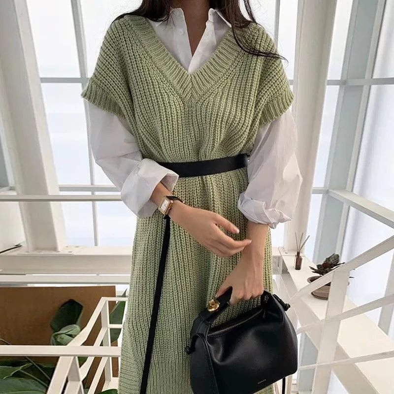 Holly Knitted Dress-  Set of 3 With Belt Elegant Women's 