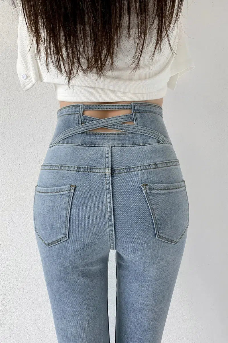 Cut Out Cross Waistband Skinny Jeans Unique Women's Upcycled