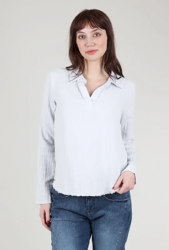 Cotton Gauze Polo Top, Silver Bold Women's Statement