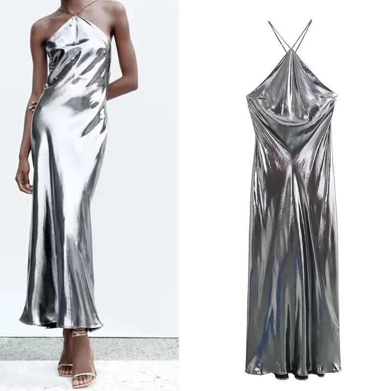 Helen Mettalic Halter Party Midi Dress Traditional Women's Wool
