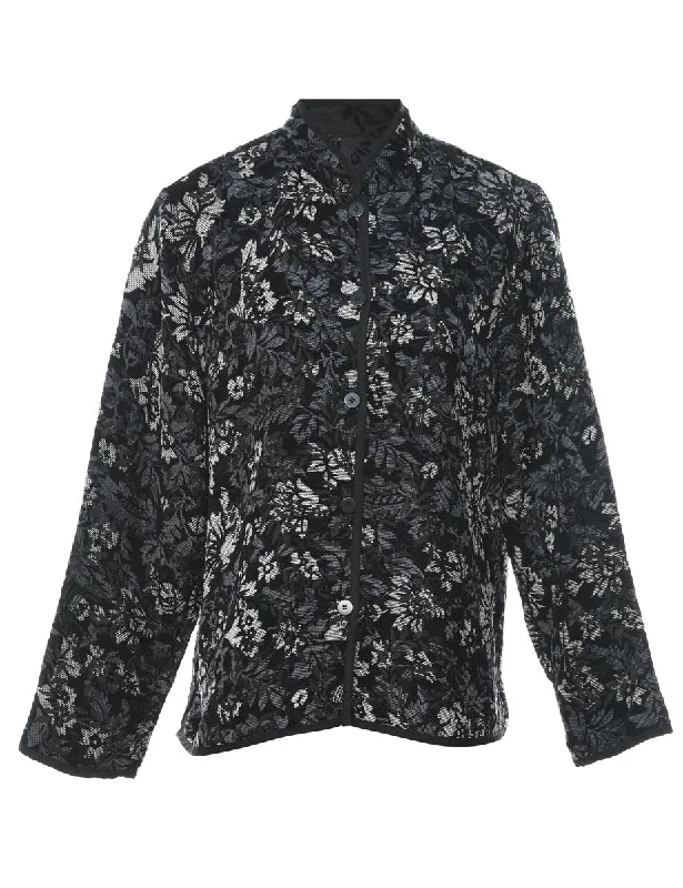 Floral Pattern Black & White Button-Front Tapestry Jacket - L Streetwear Style for 