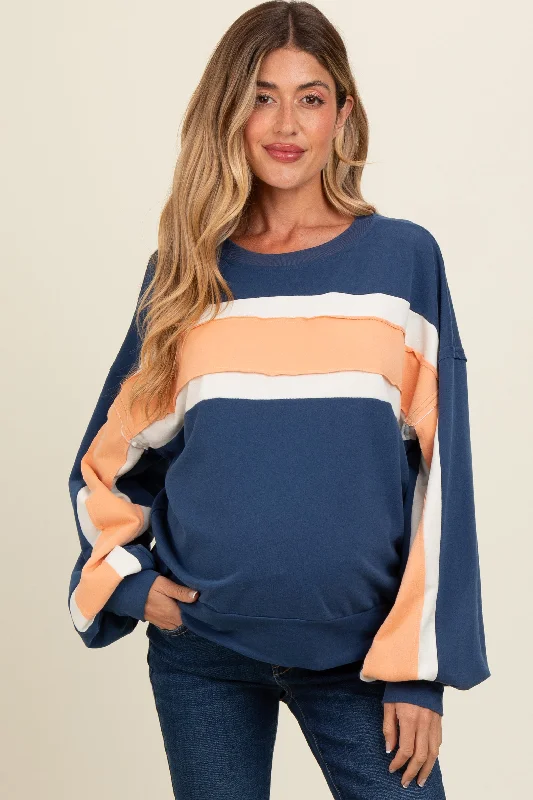 Navy Blue Colorblock Maternity Pullover Top Polished Women's Silk