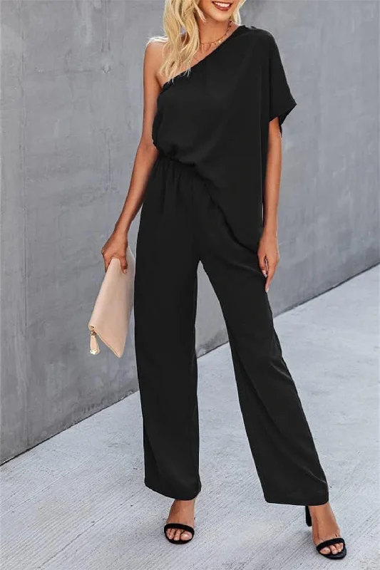 Single Shoulder Short Sleeve Jumpsuit Cozy Women's Sherpa - lined