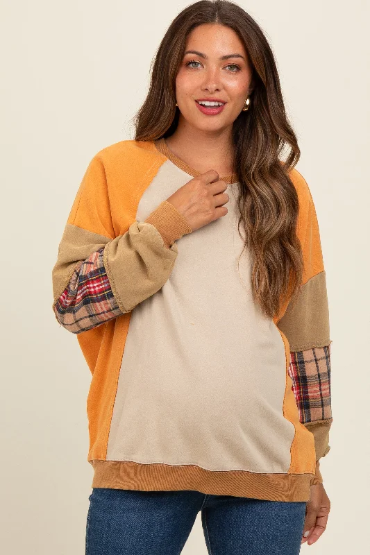Peach Colorblock Plaid Dolman Sleeve Maternity Pullover Country